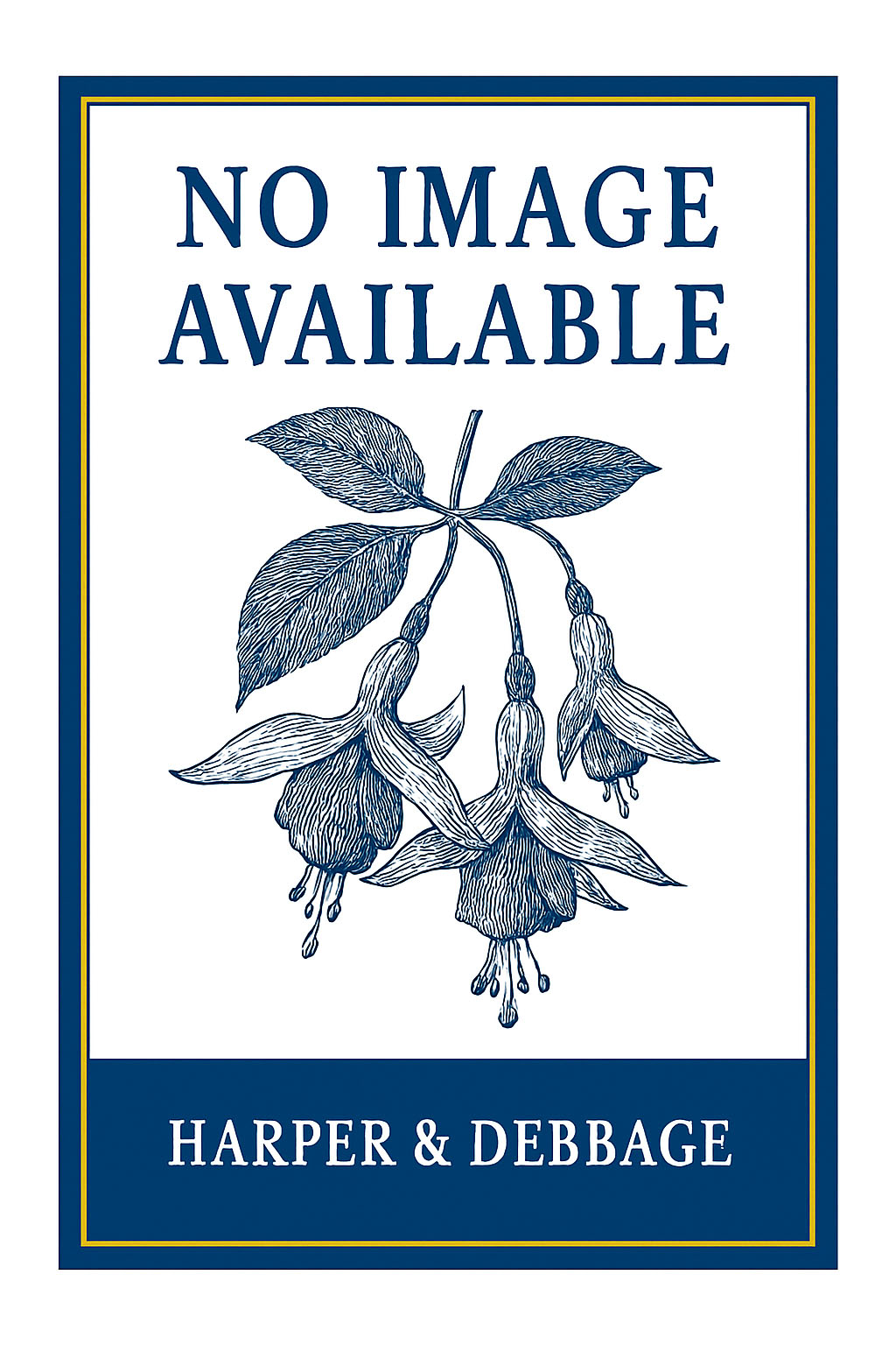 Stylized botanical placeholder image featuring engraved fuchsia flowers with detailed sepals, corollas and stamens. Framed in Prussian Blue with Gold Leaf accents and branded with ‘Harper & Debbage’ on a navy panel. Used temporarily until a verified image becomes available.